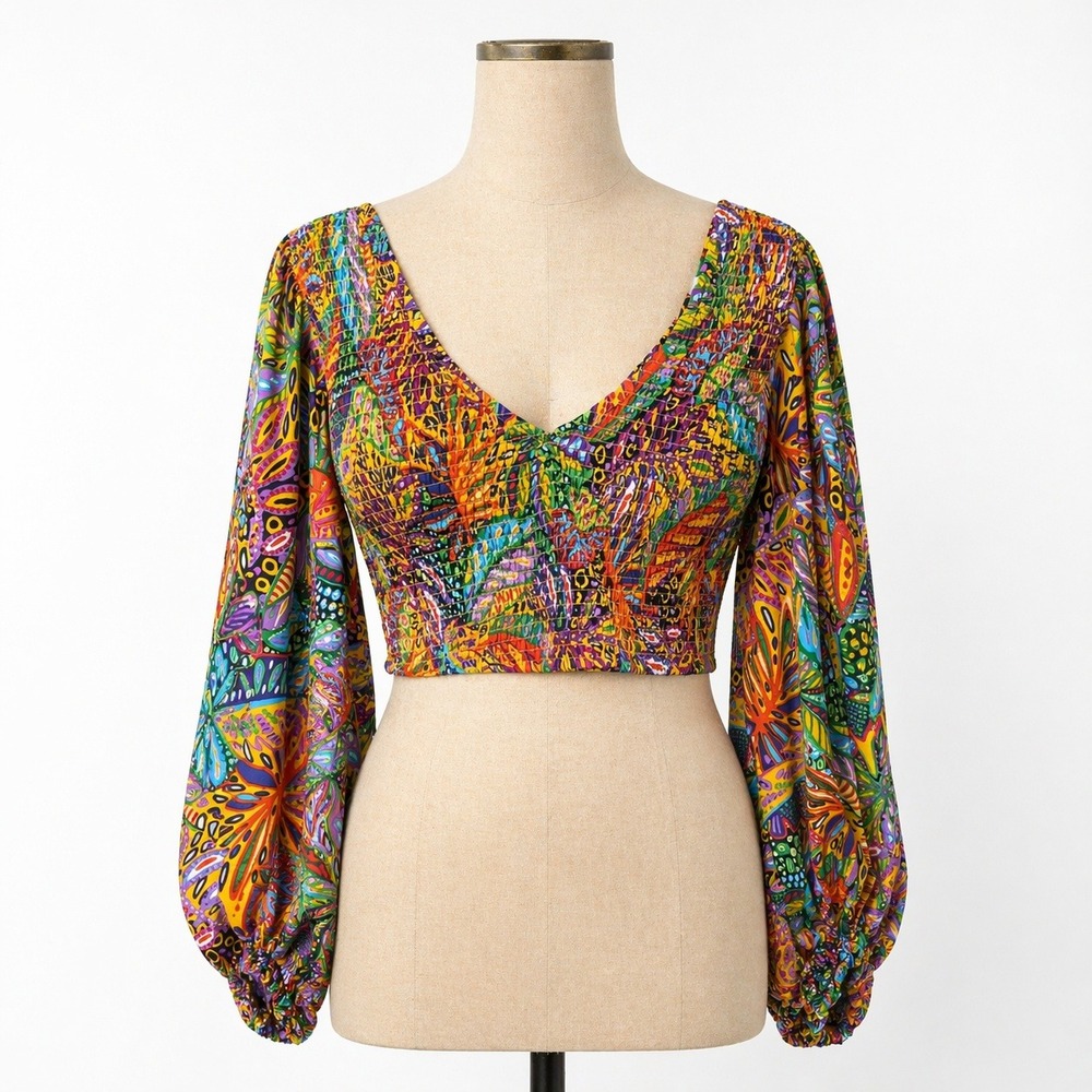 Psychedelic Balloon Long‎ Sleeve Crop Top Sz M Multicolor Smocked Festival Artsy